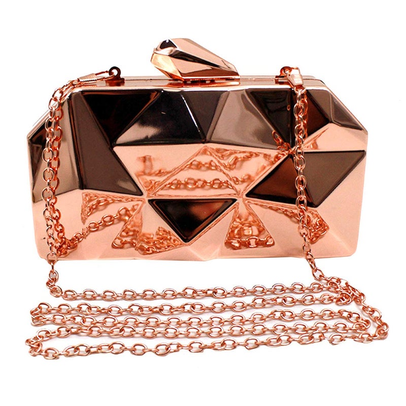 Reberomantic Women Lattice Pattern Metal Handbag Chain Geometric Evening Clutch Purse,Rose Gold - Image 1